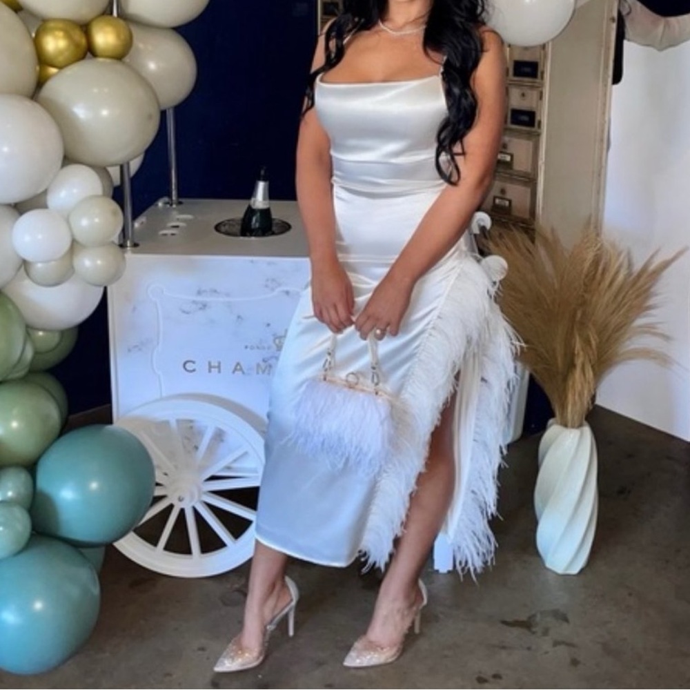 Nichole Lynel satin feather slit dress